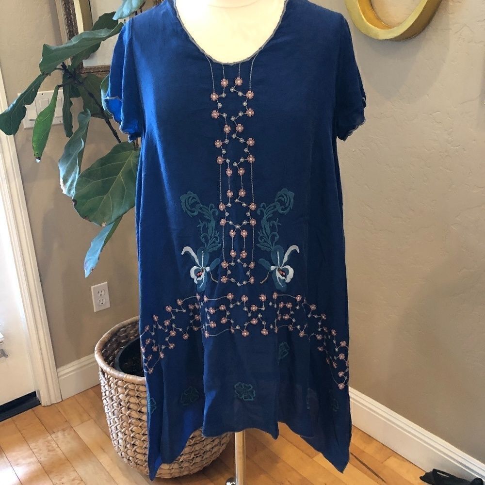 Johnny Was Tunic Royal Blue with Handkerchief Hem Size Small
